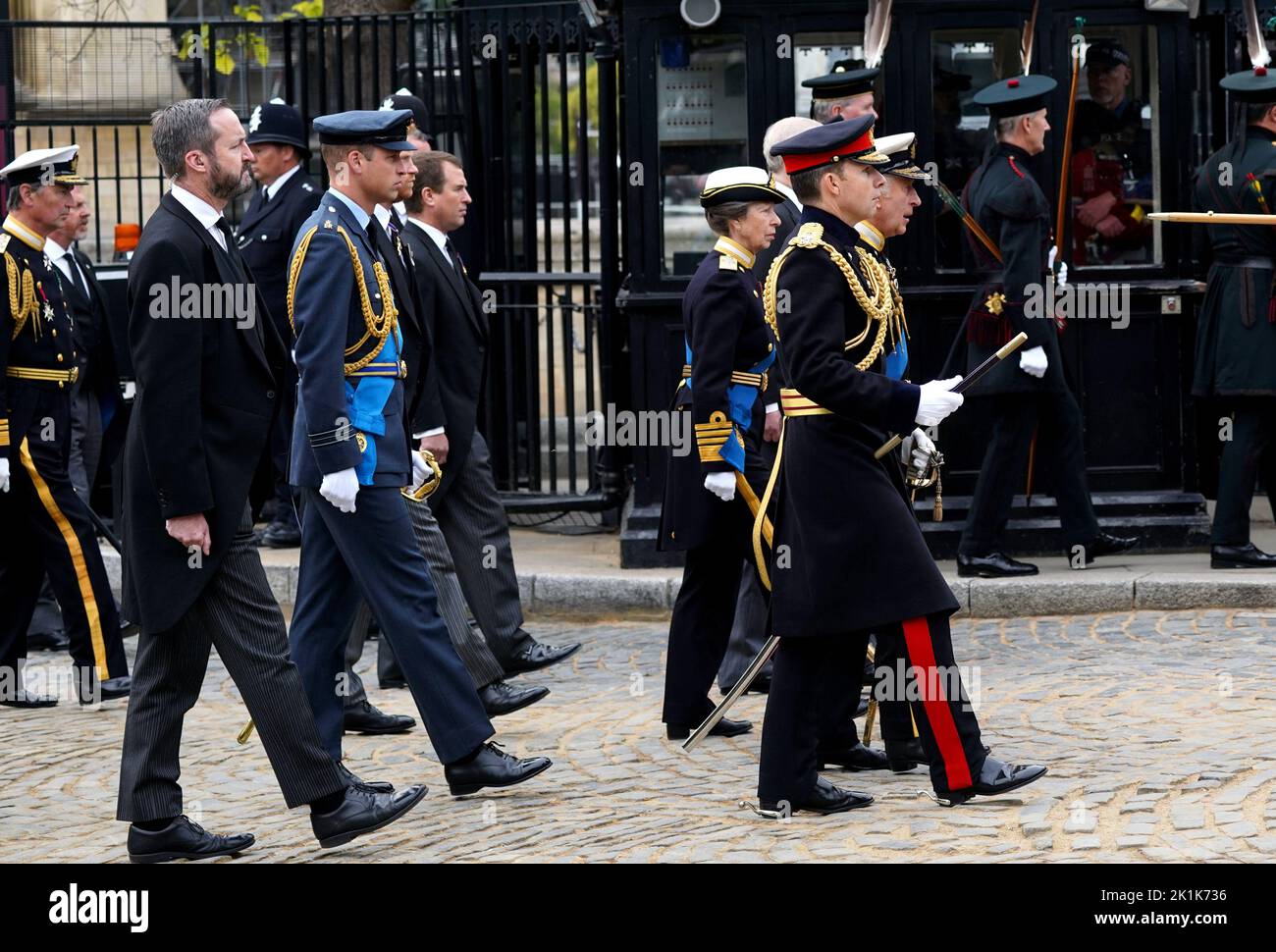 King Charles III, the Princess Royal, the Duke of York and the Earl of Wessex followed by the Prince of Wales and the Duke of Sussex as the coffin of Queen Elizabeth II leaves Westminster Hall for the State Funeral at Westminster Abbey, London. Picture date: Monday September 19, 2022. Stock Photo