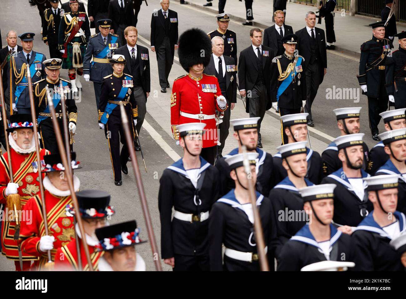 Britain's King Charles, walks to Westminster Abbey alongside Britain's Anne, Princess Royal, Britain's William, Prince of Wales, Britain's Prince Harry, Duke of Sussex, and Britain's Prince Andrew on the day of the state funeral and burial of Britain's Queen Elizabeth, in London, Britain, September 19, 2022 REUTERS/John Sibley Stock Photo
