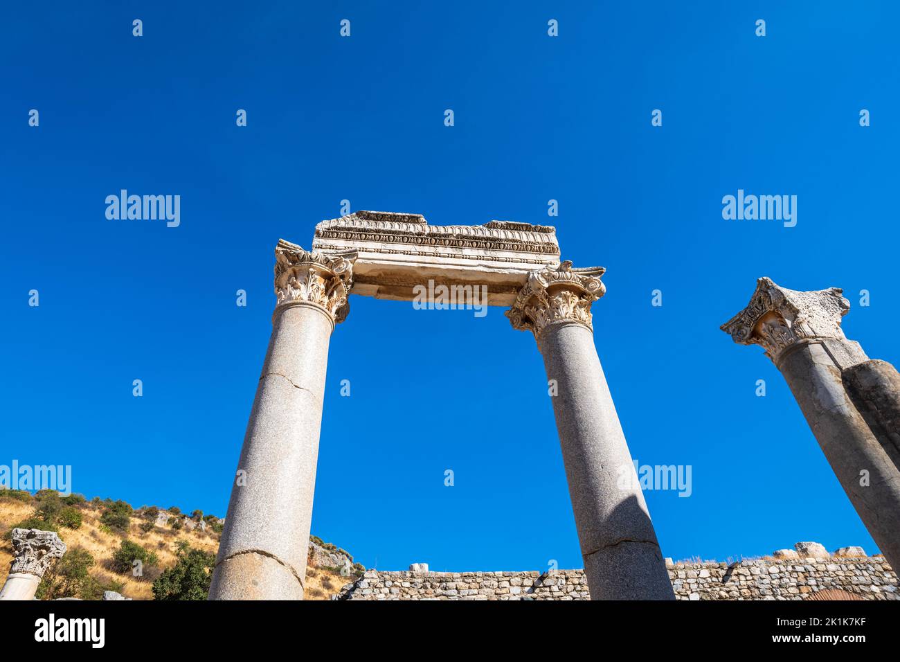 At Ephesus ancient city archeological site, architectural detail of Ephesus buildings, in Turkey. Ephesus is a UNESCO World Heritage site. Stock Photo