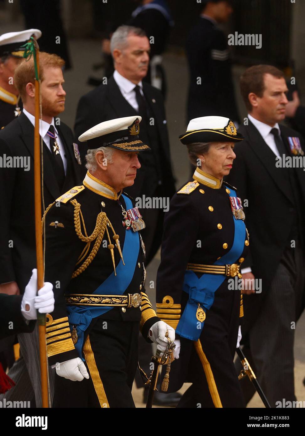 Britain's King Charles, Britain's Anne, Princess Royal and Britain's Prince Harry, Duke of Sussex attend the state funeral and burial of Britain's Queen Elizabeth at Westminster Abbey, in London, Britain, September 19, 2022.  REUTERS/Kai Pfaffenbach Stock Photo