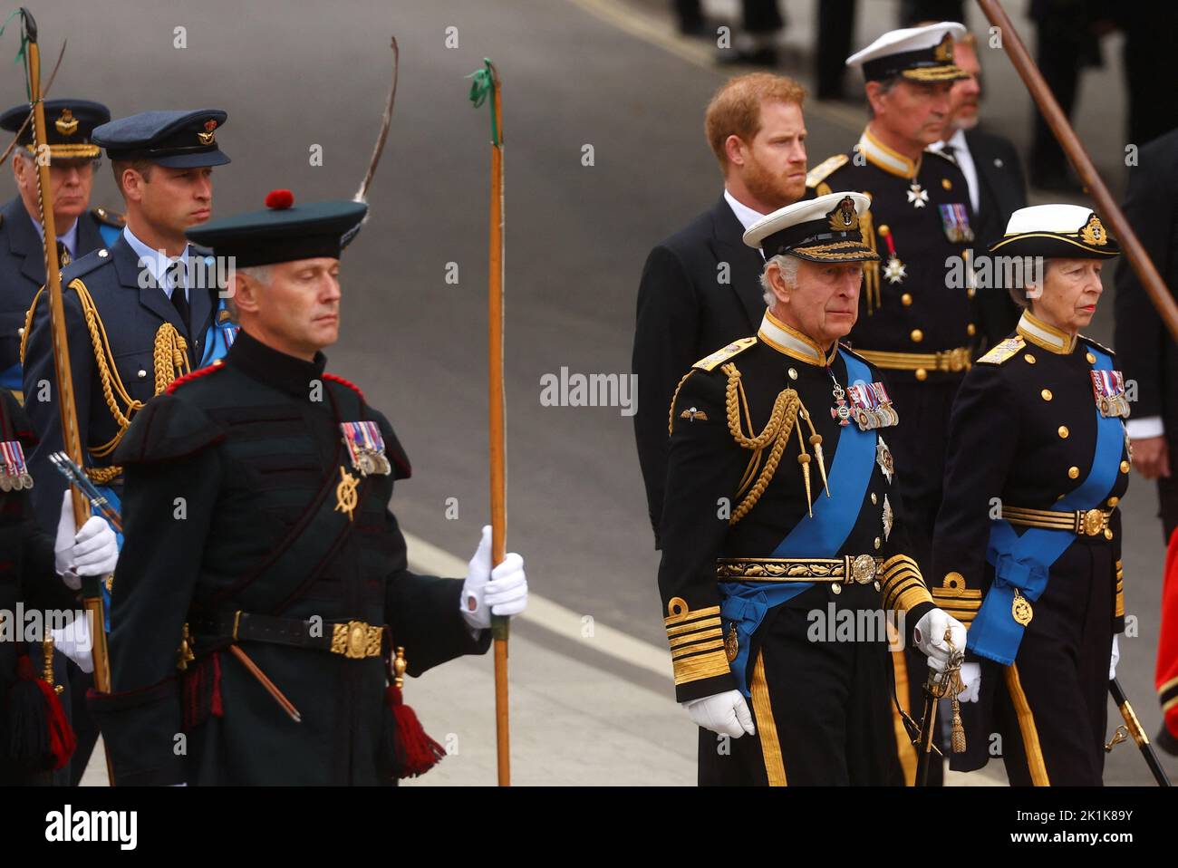 Britain's King Charles, Britain's Anne, Princess Royal, Britain's William, Prince of Wales and Britain's Prince Harry, Duke of Sussex attend the state funeral and burial of Britain's Queen Elizabeth at Westminster Abbey, in London, Britain, September 19, 2022.  REUTERS/Kai Pfaffenbach Stock Photo
