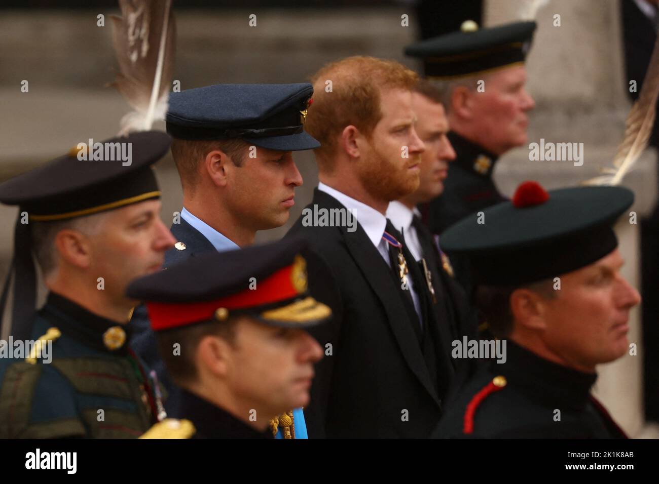 Britain's William, Prince of Wales and Britain's Prince Harry, Duke of Sussex attend the state funeral and burial of Britain's Queen Elizabeth at Westminster Abbey, in London, Britain, September 19, 2022.  REUTERS/Kai Pfaffenbach Stock Photo