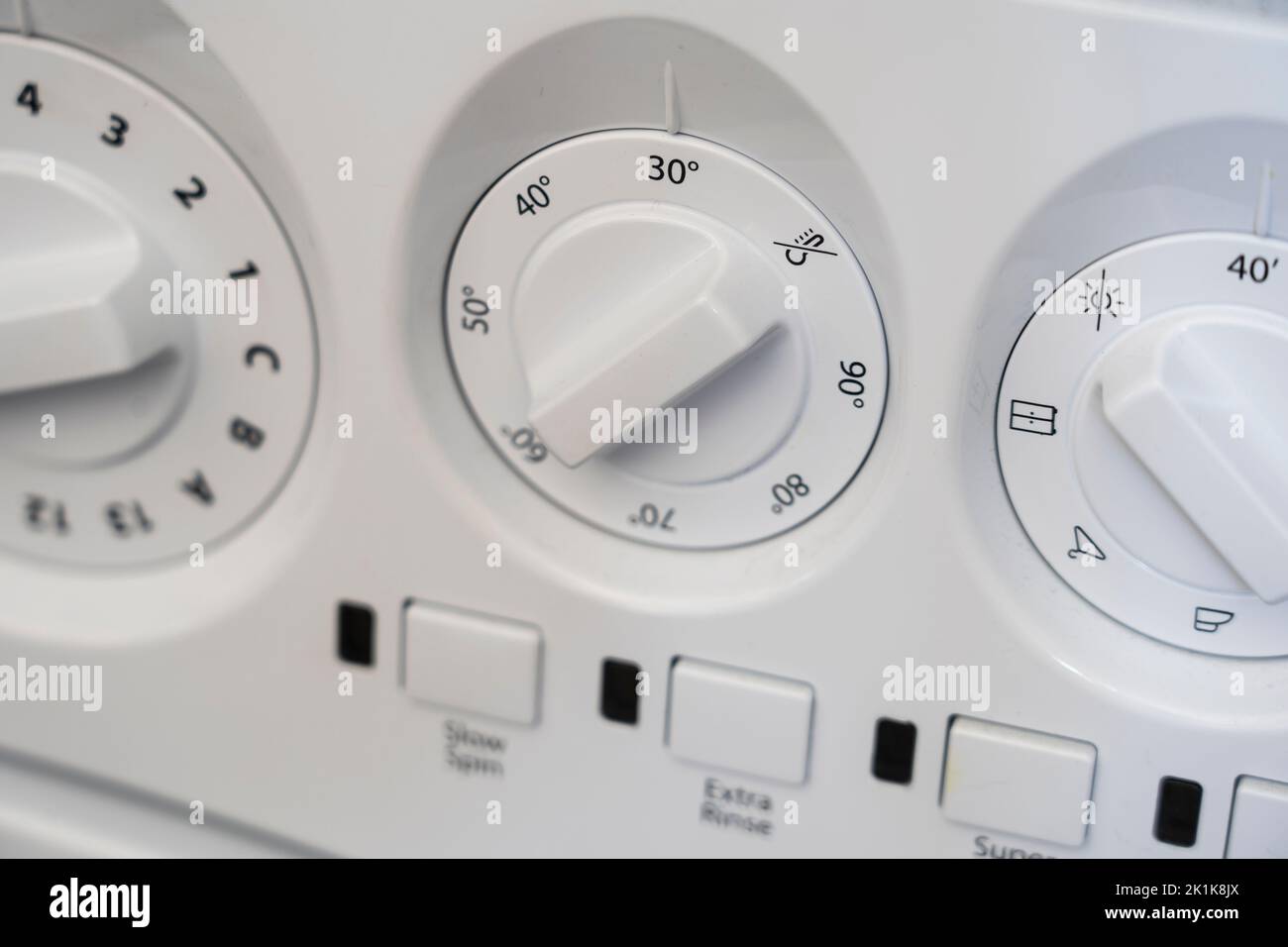 Close up 30 degrees on a washing machine buttons and dials. Concept - do the laundry, energy saving, electricity price, peak demand, energy efficiency Stock Photo