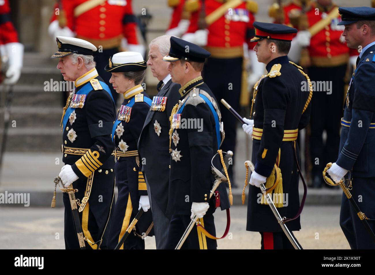(left to right) King Charles III, the Princess Royal the Duke of York, the Earl of Wessex and the Prince of Wales arriving at the State Funeral of Queen Elizabeth II, held at Westminster Abbey, London. Picture date: Monday September 19, 2022. Stock Photo