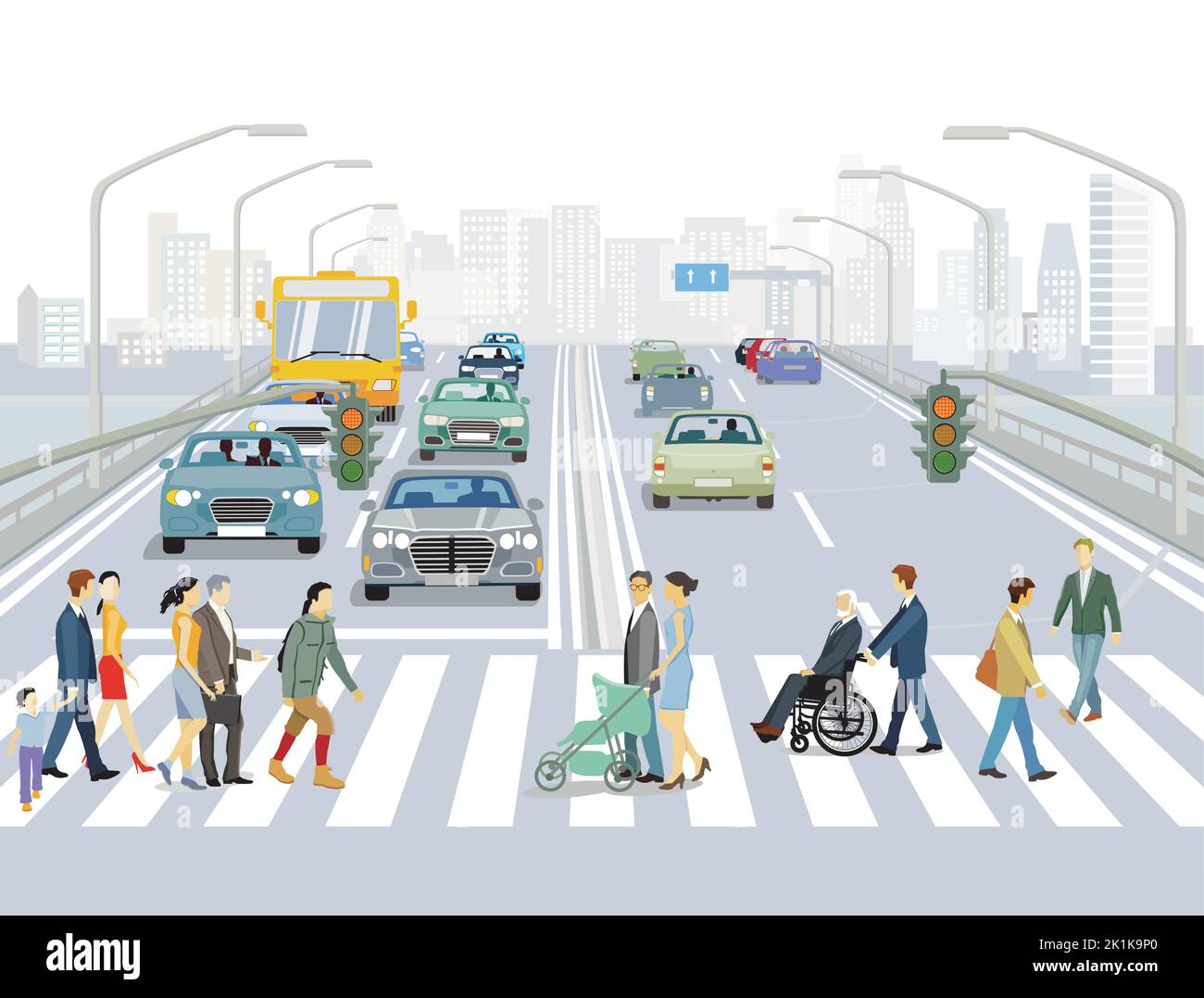 Road traffic and cyclists with pedestrians on the pedestrian crossing, illustration Stock Vector