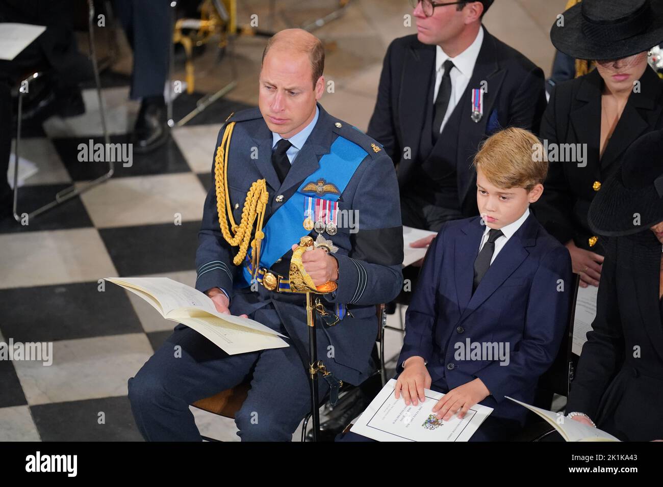 The Prince of Wales and Prince George during her State Funeral of Queen Elizabeth II at the Abbey in London. Picture date: Monday September 19, 2022. Stock Photo