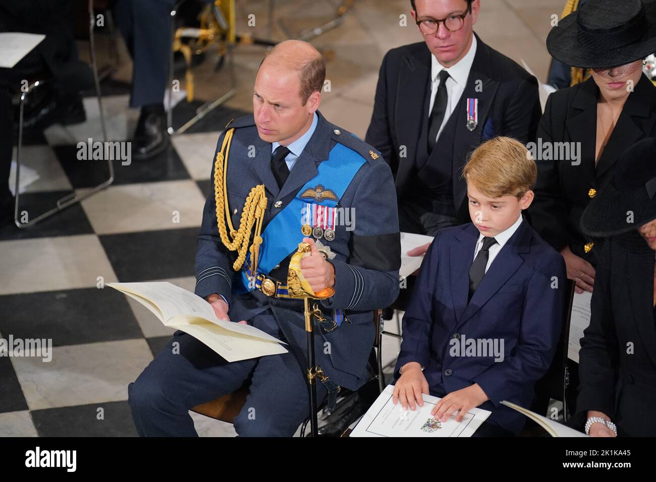 The Prince of Wales and Prince George during her State Funeral of Queen Elizabeth II at the Abbey in London. Picture date: Monday September 19, 2022. Stock Photo