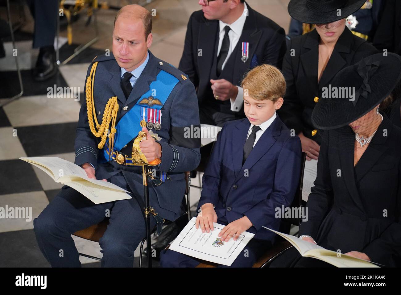 The Prince of Wales, Prince George and the Princess of Wales during her State Funeral of Queen Elizabeth II at the Abbey in London. Picture date: Monday September 19, 2022. Stock Photo
