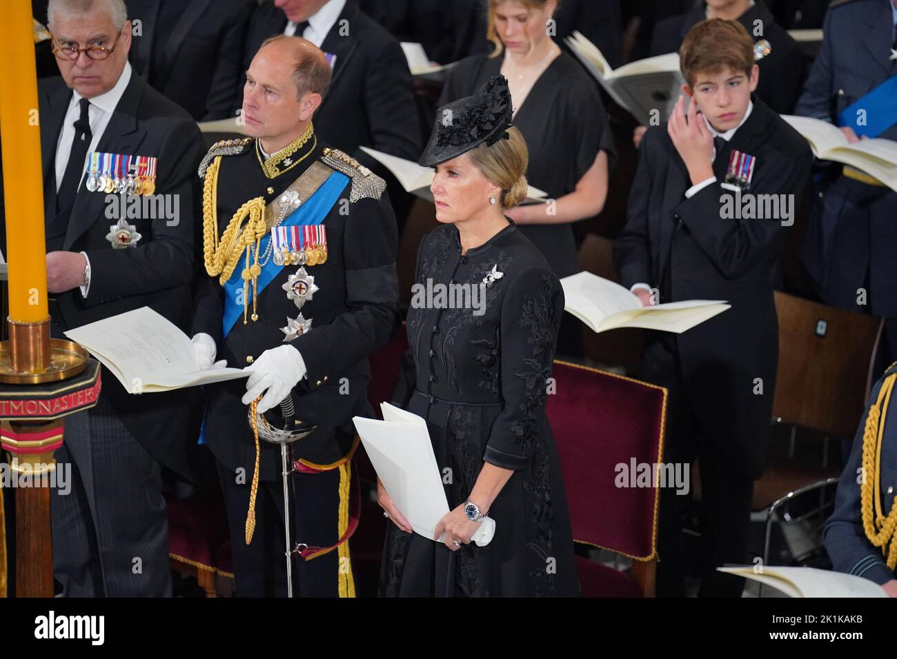 (left to right) The Duke of York, the Earl of Wessex, the Countess of Wessex and James, Viscount Severn during State Funeral of Queen Elizabeth II at the Abbey in London. Picture date: Monday September 19, 2022. Stock Photo