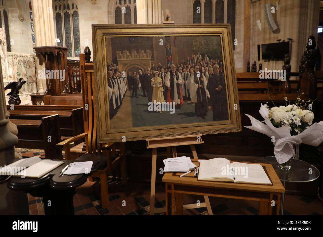 Sydney, Australia. 19th September 2022. About 30 to 40 people attended St Andrew’s Cathedral on George Street to watch the live broadcast of the Queen’s funeral on a big screen. Pictured: books of condolence. Credit: Richard Milnes/Alamy Live News Stock Photo