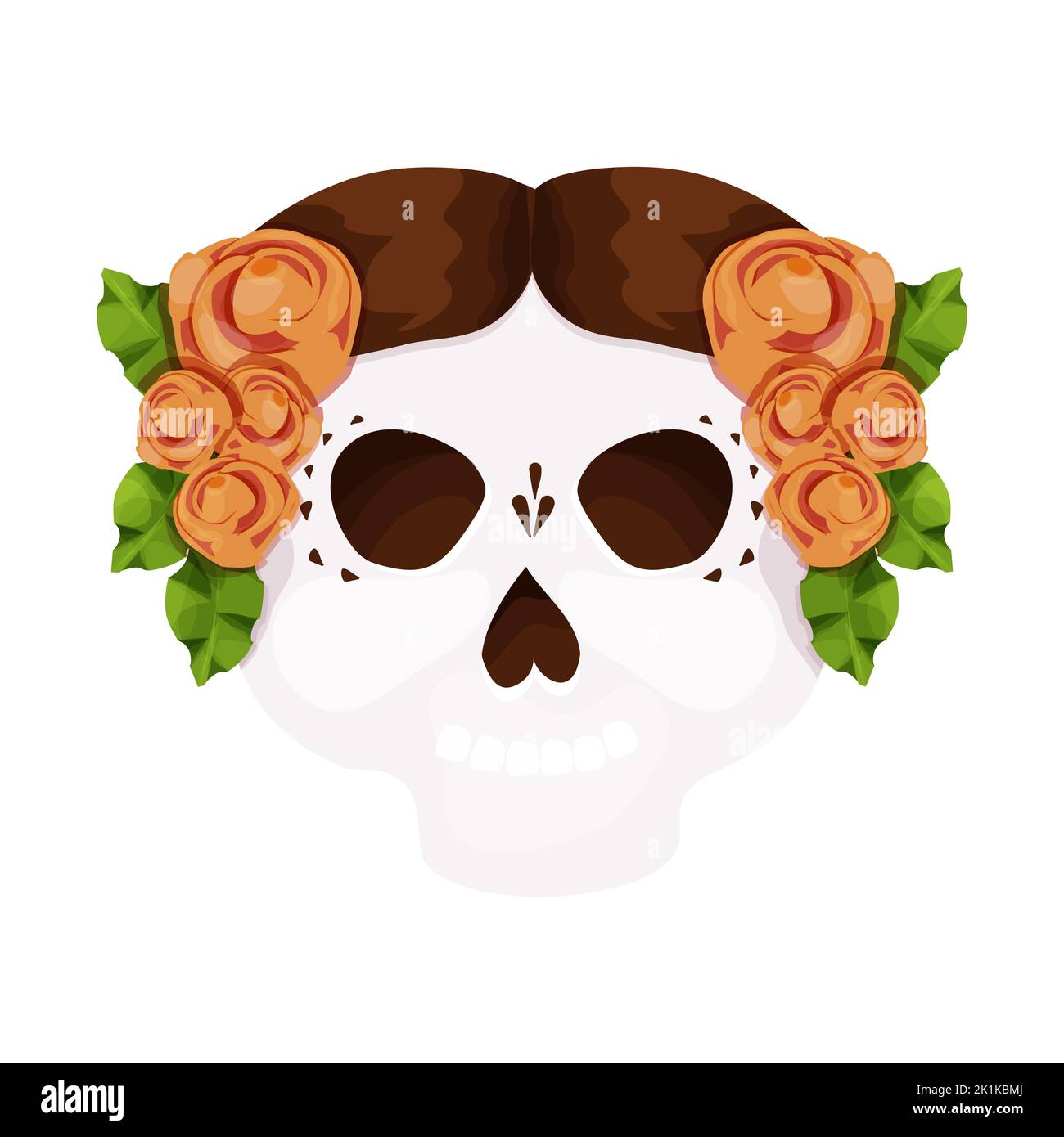 Dead day, skull decorated with traditional flowers, mask, Halloween celebration in cartoon style isolated on white background. Vector illustration Stock Vector