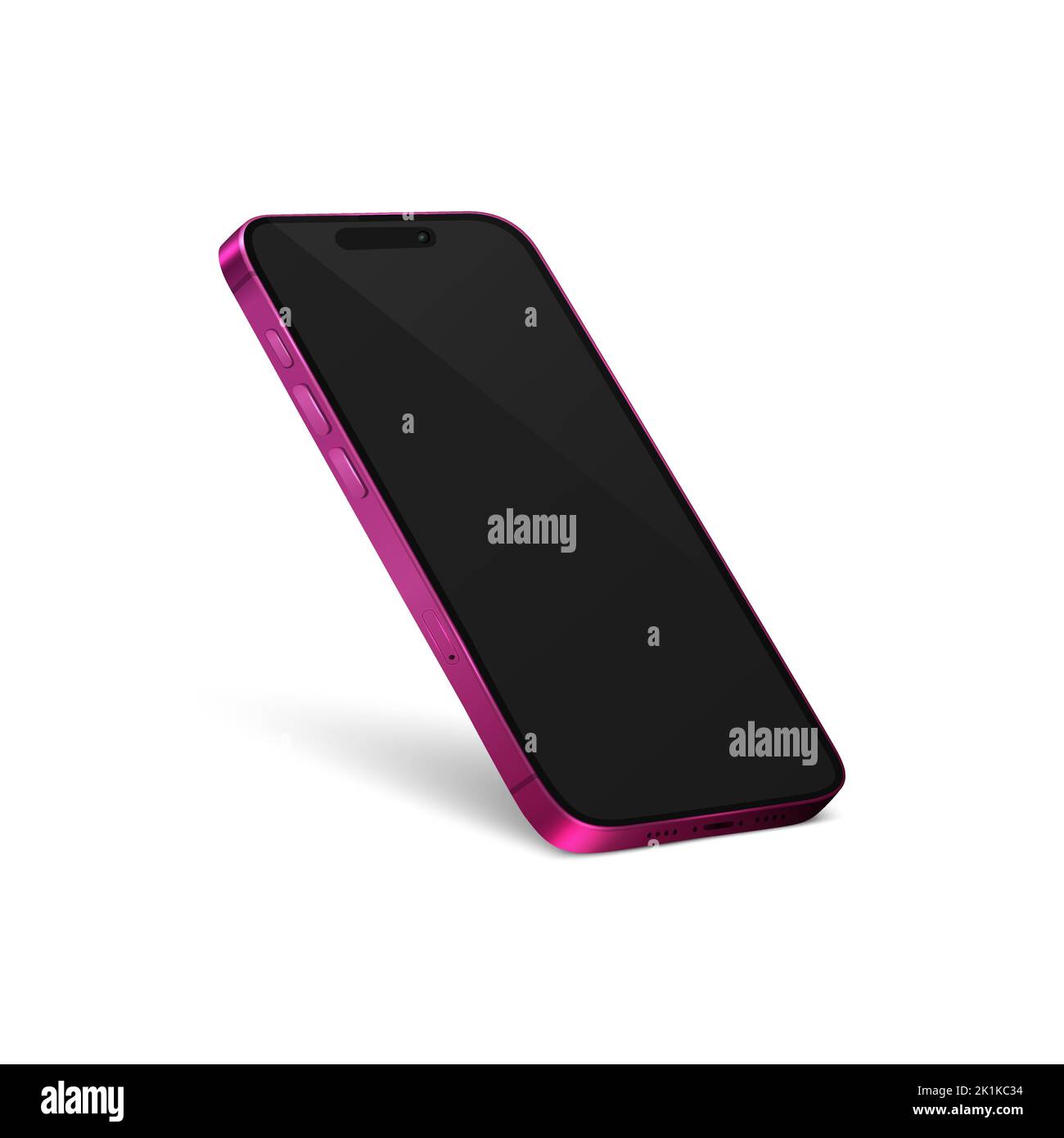 Vector 3d Realistic Pink Modern Smartphone Design Template with Black Screen. Mobile Phone Isolated. Telephone Device UI UX, Phone in Half Turn View Stock Vector