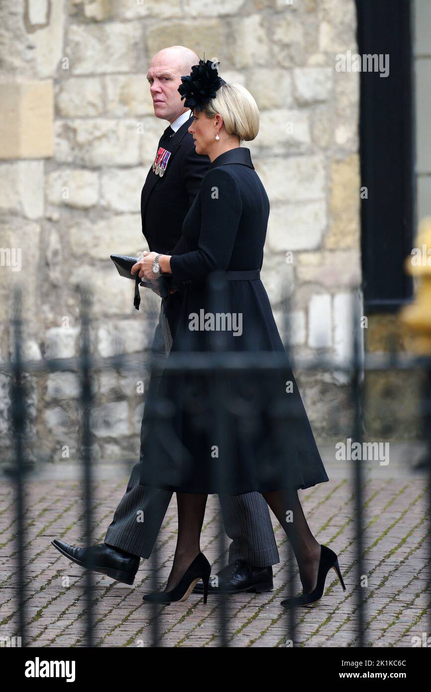 Mike Tindall and Zara Tindall arriving at the State Funeral of Queen Elizabeth II, held at Westminster Abbey, London. Picture date: Monday September 19, 2022. Stock Photo