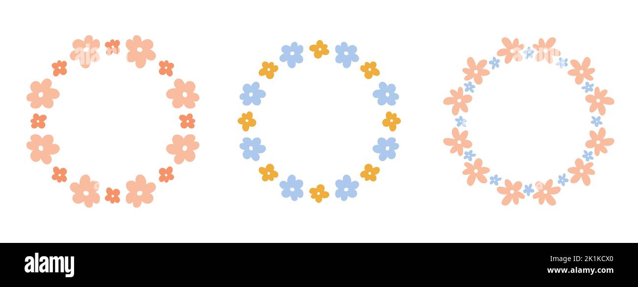 Set of cute floral wreaths with tiny flowers isolated on white background. Vector hand-drawn flat illustration. Perfect for cards, invitations, decora Stock Vector
