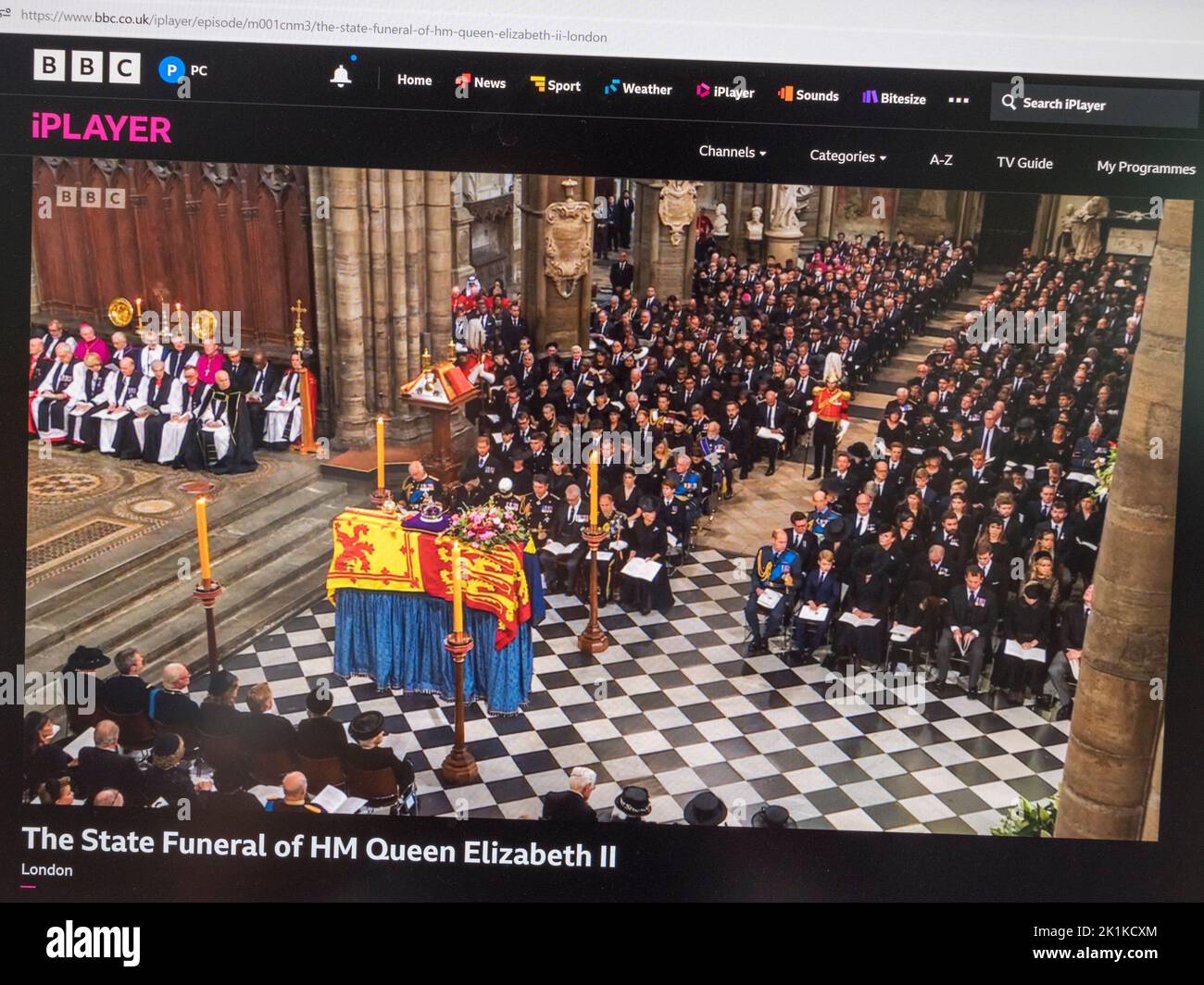 The BBC News website (iPLAYER) during the funeral of Queen Elizabeth II in London on 19th September 2022. Stock Photo