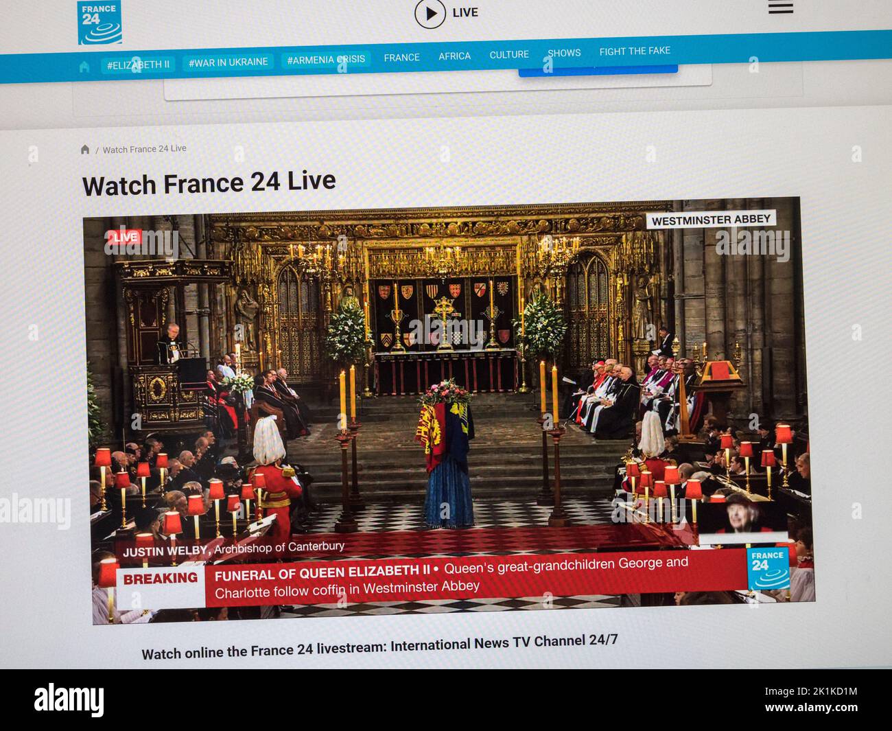 The France 24 Live News website during the funeral of Queen Elizabeth II in London on 19th September 2022. Stock Photo
