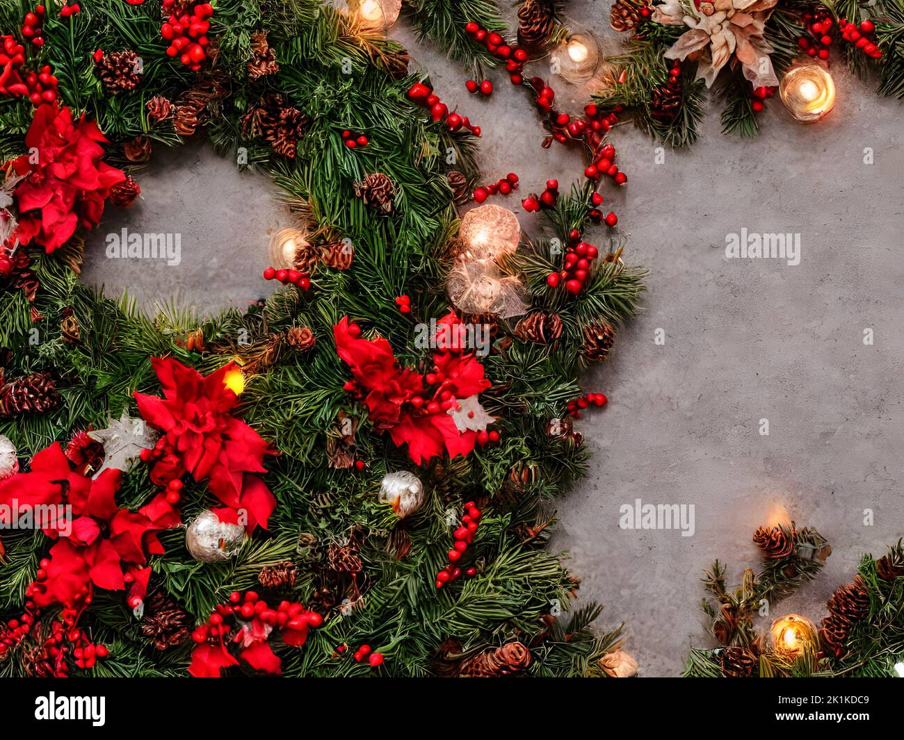 A top view of Christmas decoration with fir garlands, pine cones, red ...