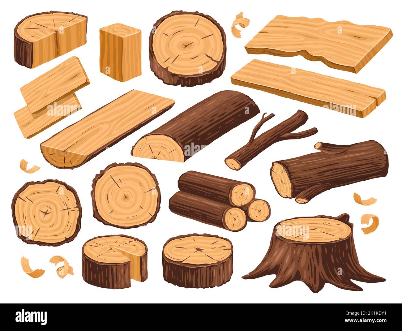 Tree stump, wooden logs and timber materials. Natural lumber, carpentry wood materials set. Wooden plank, billet Stock Photo
