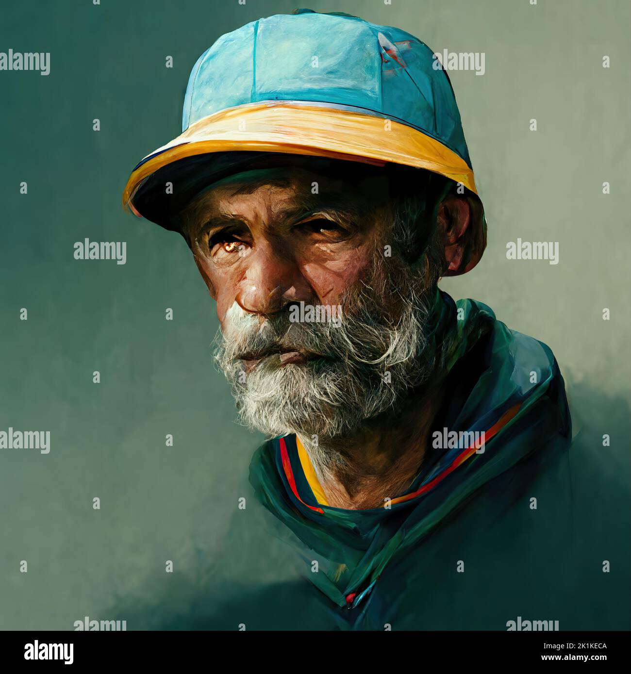 Digitally generated conceptual avatar portrait of a senior Caucasian American man with facial hair and hat Stock Photo