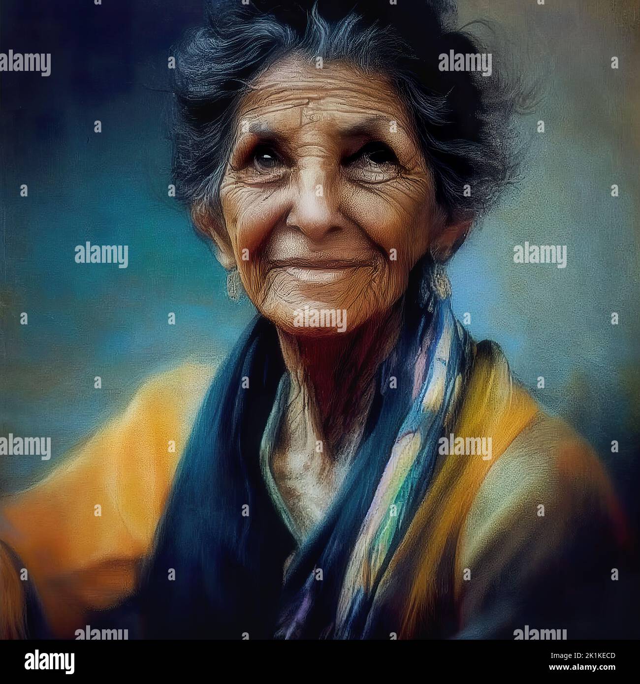 Digitally generated conceptual avatar portrait of a smiling senior Mediterranean lady Stock Photo