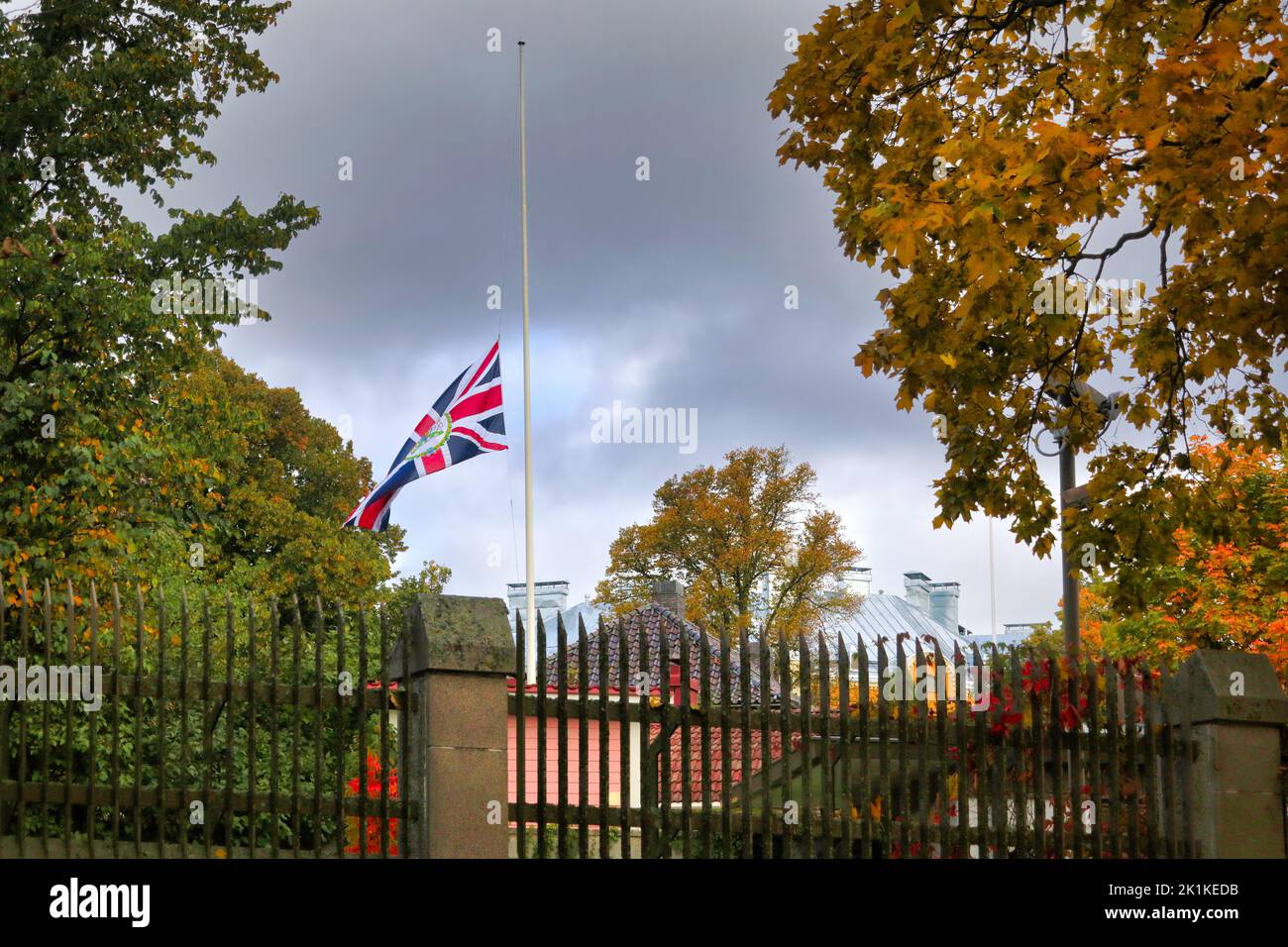 Helsinki, Finland. 19th September 2022. Her Majesty The Queen Elizabeth II Funeral Day. British diplomatic flag fly at half mast as a sign of respect to the passing of Her Majesty The Queen Elizabeth II, aged 96, on 8th September 2022, outside the British Embassy in Helsinki, Finland. Credit: Taina Sohlman Stock Photo