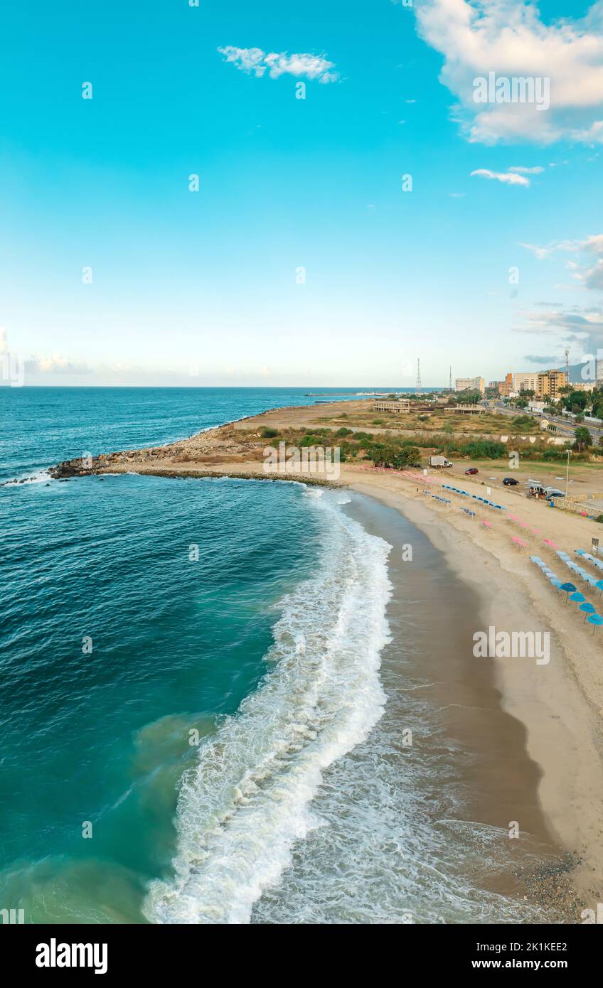 Top view picturesque public beach with turquoise water. Los Corales, La Guaira, Venezuela Stock Photo