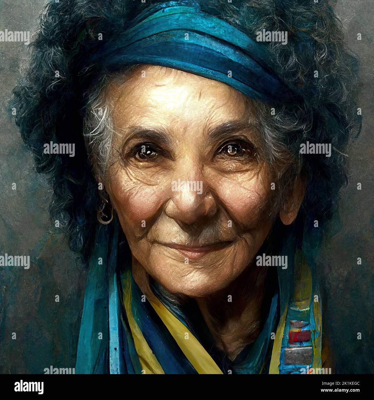 Digitally generated conceptual avatar portrait of a smiling senior Mediterranean lady Stock Photo