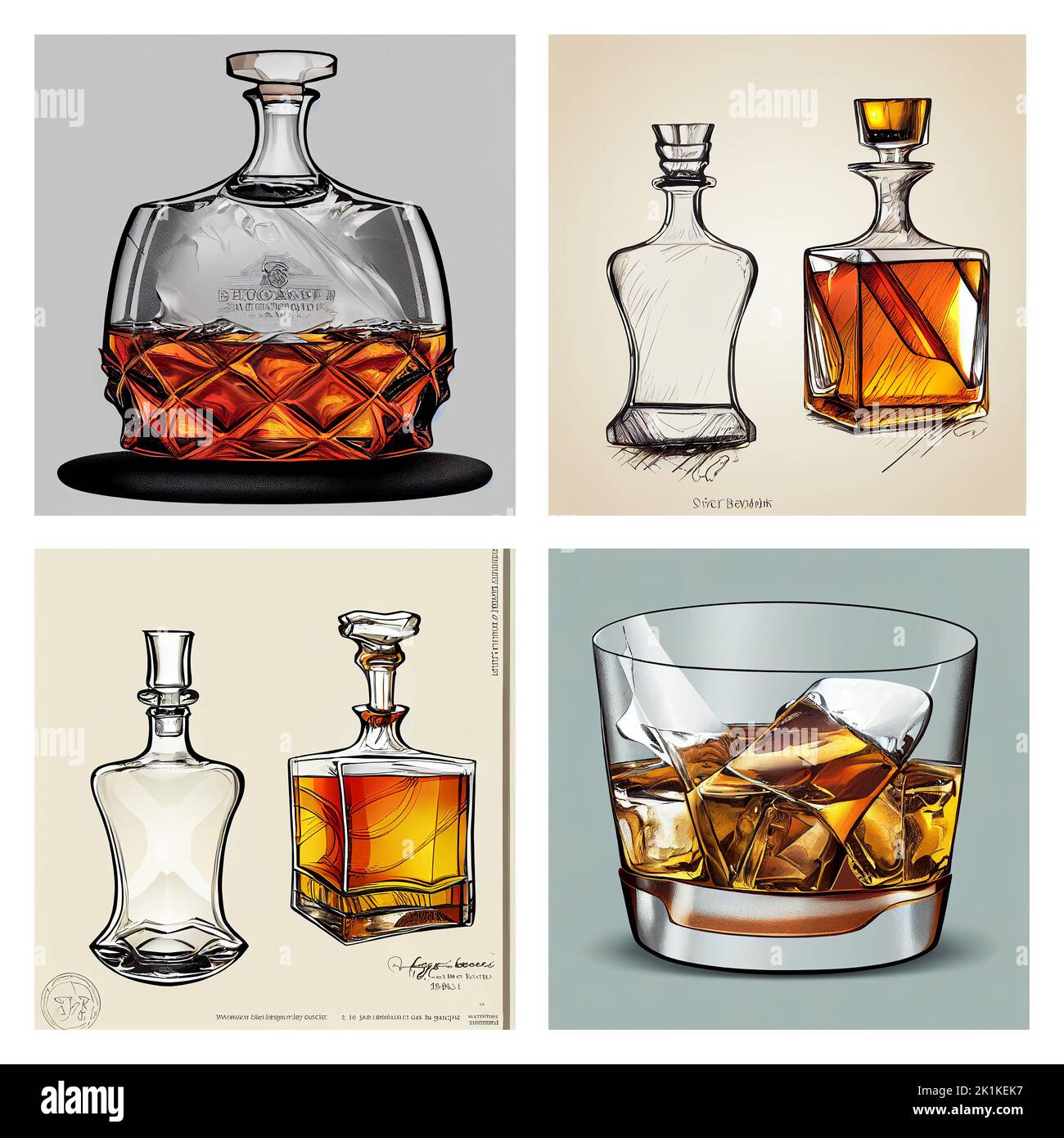 Digitally generated image of whisky decanters, bottles and glasses Stock Photo