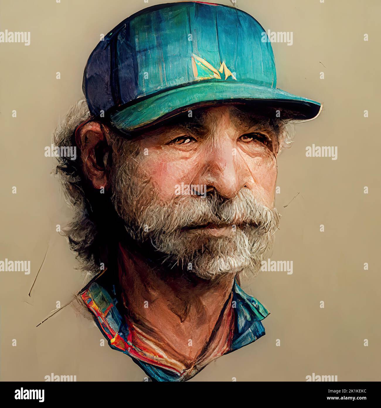 Digitally generated conceptual avatar portrait of a senior Caucasian American man with facial hair and a baseball cap Stock Photo