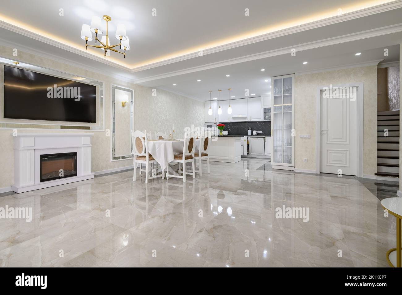 Luxurious large domestic kitchen with marble floor Stock Photo