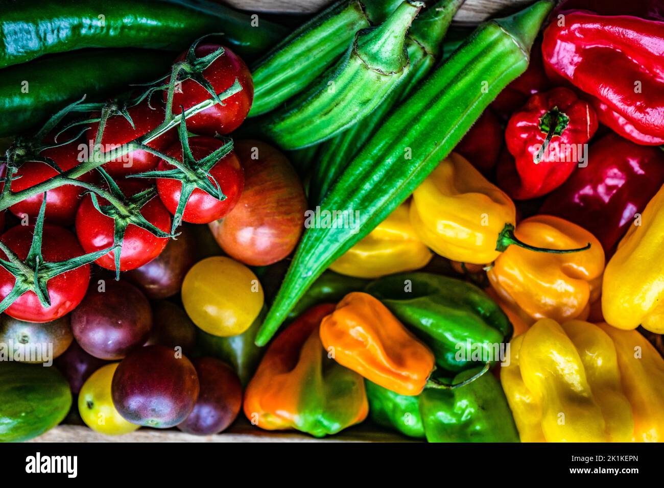 Overhead view of cherry tomatoes on the vine, okra, red, green and yellow chilli peppers Stock Photo