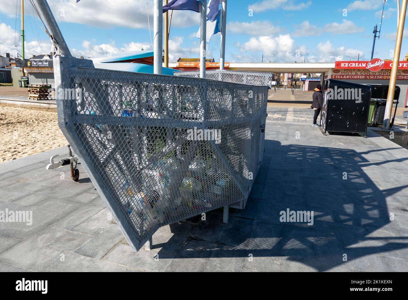 Unusual bottle bank on Great Yarmouth promenade in the shape of a ship called HMS elephant Stock Photo