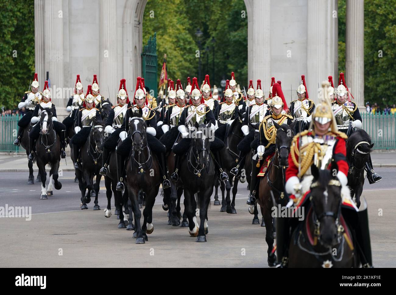 Calvery walk through Aspley Gate at Hyde Park during the State Funeral of Queen Elizabeth II at Westminster Abbey, London. Stock Photo