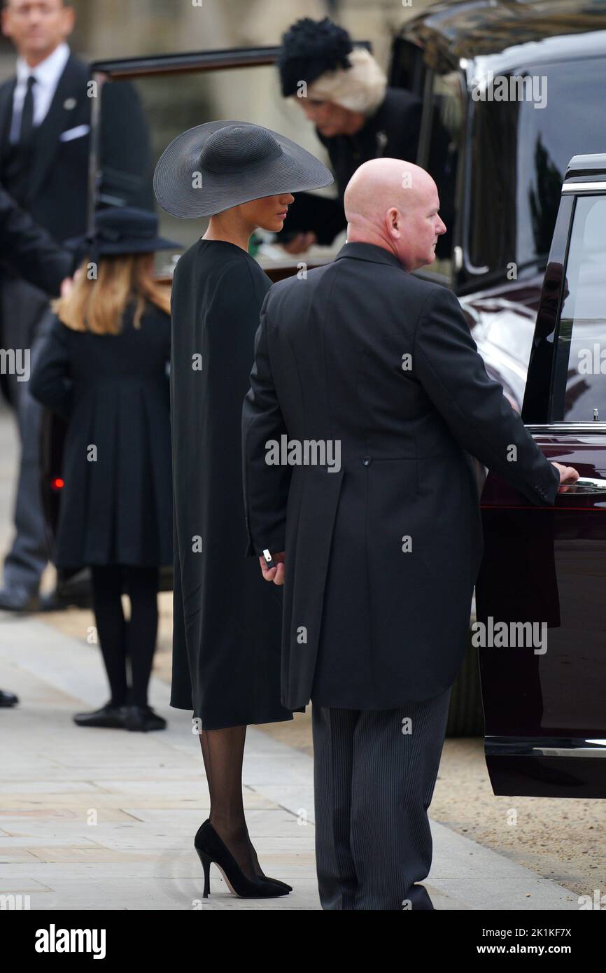 The Duchess of Sussex arriving at the State Funeral of Queen Elizabeth II, held at Westminster Abbey, London. Picture date: Monday September 19, 2022. Stock Photo
