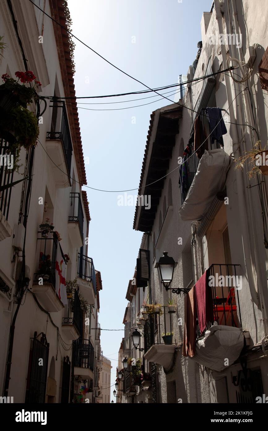 Homes Lining inner Street of Sitges, Barcelona - Spain Stock Photo
