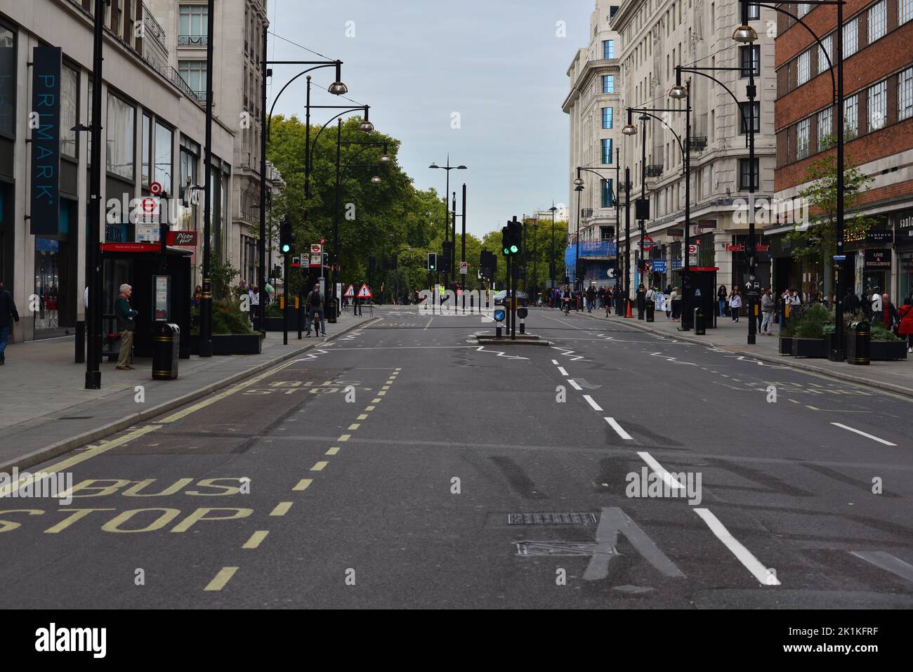 State funeral of Her Majesty Queen Elizabeth II, London, UK, Monday 19th September 2022. Oxford Street, empty and traffic free. Stock Photo