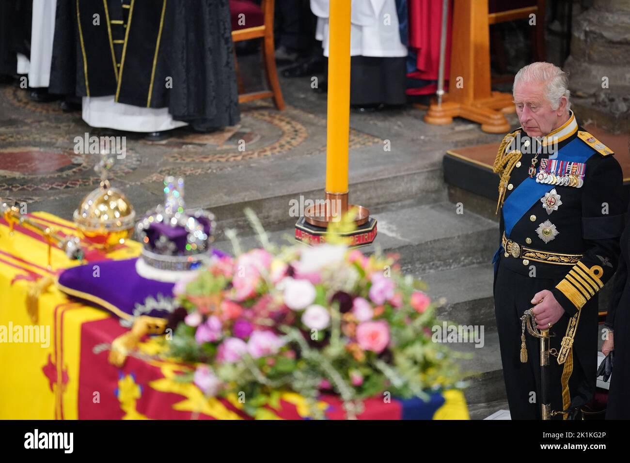 King Charles III during the State Funeral of Queen Elizabeth II at the Abbey in London. Picture date: Monday September 19, 2022. Stock Photo