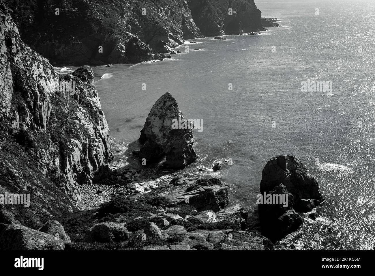 Atlantic rocks coast of Portugal. Black and white photo. Stock Photo