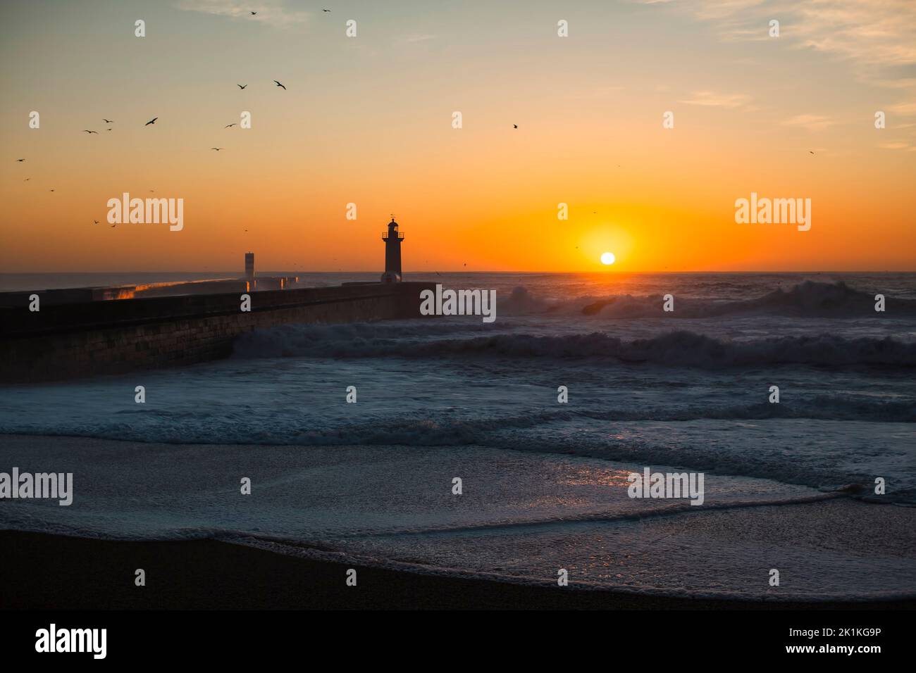 View of the Lighthouse at Atlantic ocean in Porto, Portugal. Stock Photo