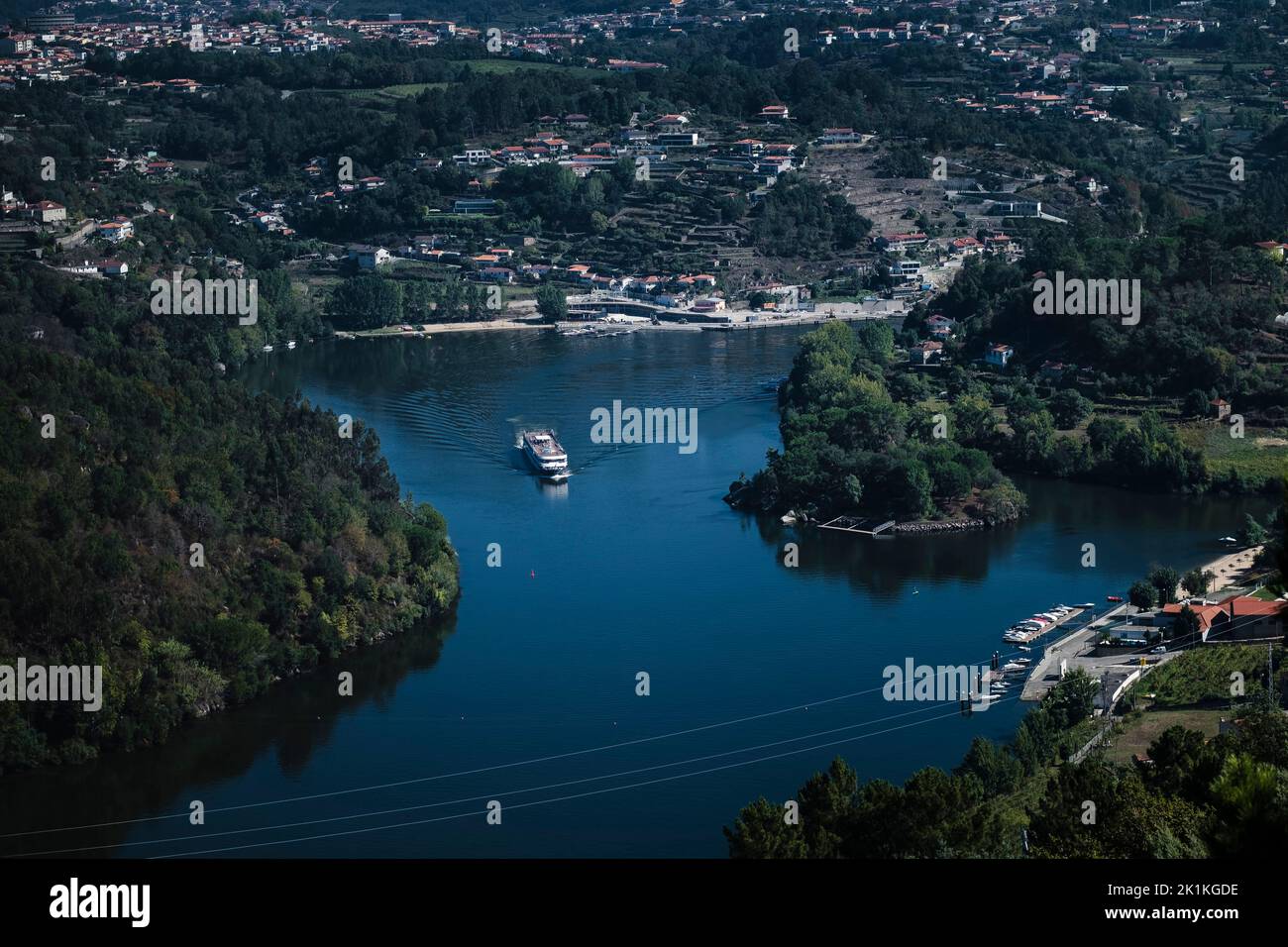 Douro River with a pleasure boat in the Douro Valley, Porto, Portugal. Stock Photo