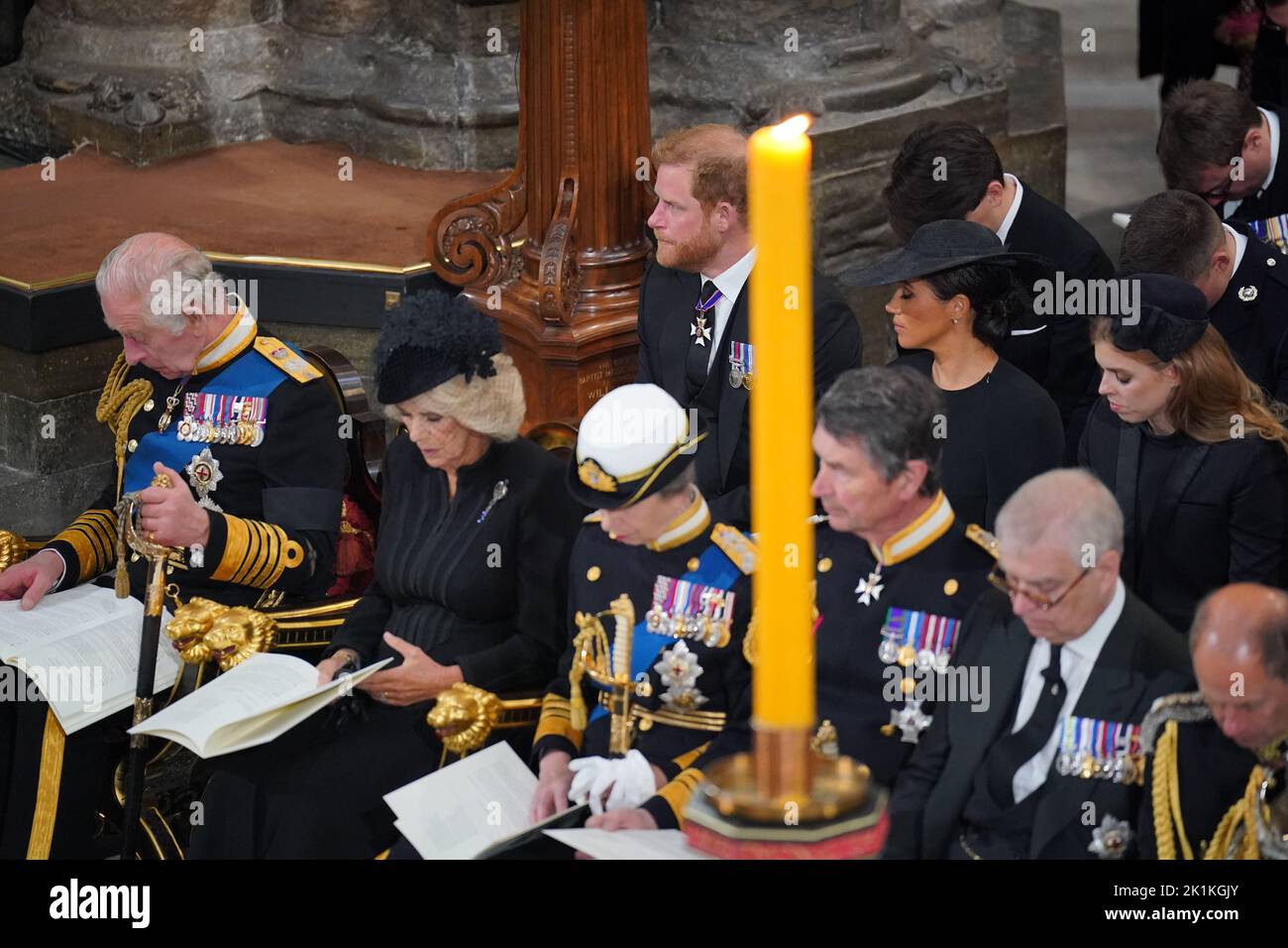 The Duke of Sussex, the Duchess of Sussex, Princess Beatrice, during the State Funeral of Queen Elizabeth II at Westminster Abbey in London. Picture date: Monday September 19, 2022. Stock Photo
