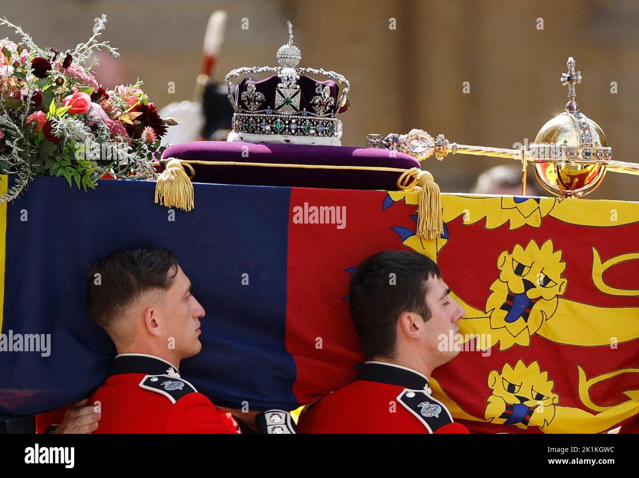 The Imperial State Crown rests on top of the coffin of Britain's Queen Elizabeth as pallbearers carry it out of Westminster Abbey on the day of the state funeral and burial of Britain's Queen Elizabeth, in London, Britain, September 19, 2022 REUTERS/John Sibley Stock Photo