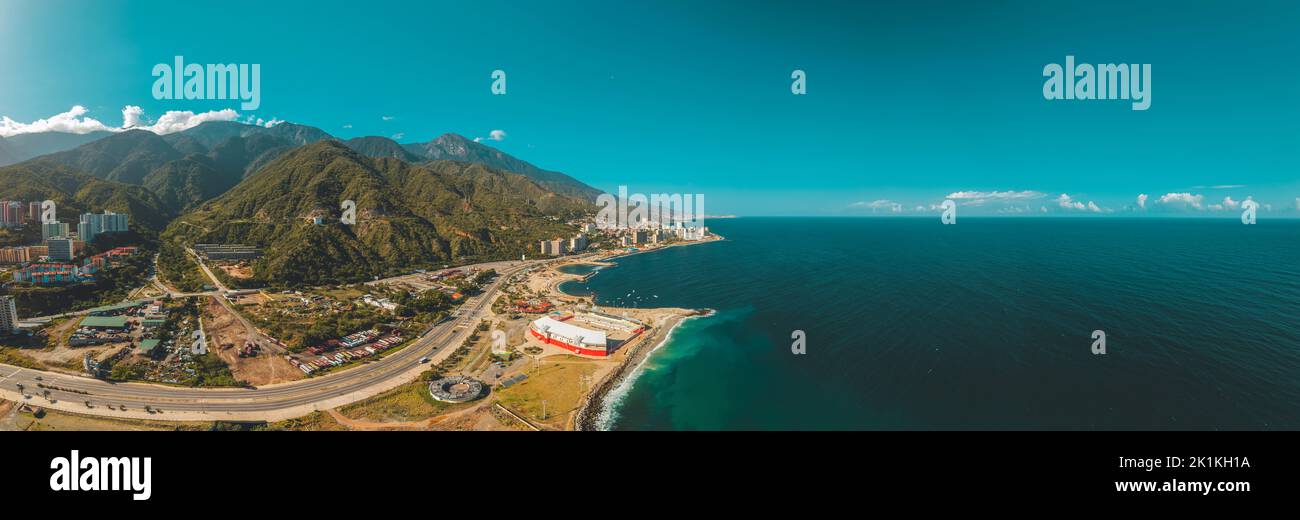 Aerial view of the coastline highway in Los Corales, Caraballeda, Venezuela. Drone view of La Guaira coast Stock Photo