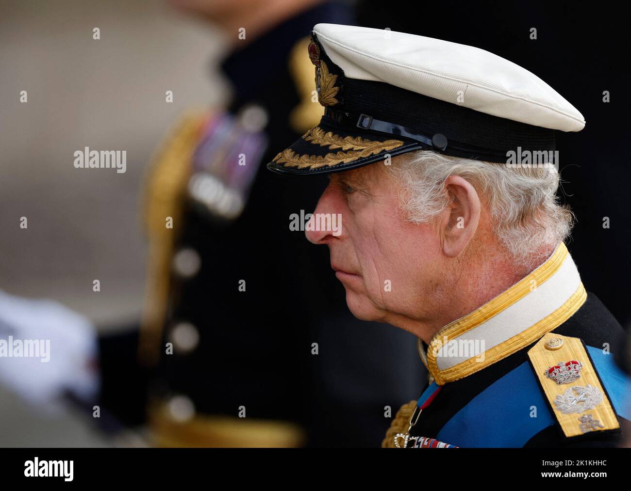 Britain's King Charles following the funeral service at Westminster Abbey, on the day of the state funeral and burial of Britain's Queen Elizabeth, in London, Britain, September 19, 2022 REUTERS/John Sibley Stock Photo
