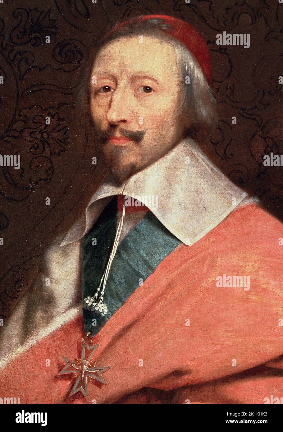 Armand Jean du Plessis, Cardinal de Richelieu (1585-1642) : detail du portrait par l'atelier de Philippe de Champaigne (1602-1674), 17eme siecle,Versailles, Musee du Chateau Stock Photo