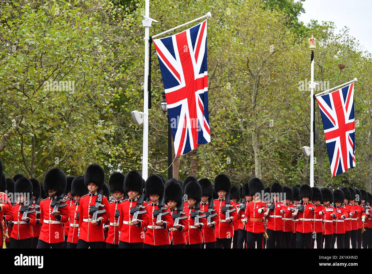 Coldstream Guards on The Mall, central London ahead of the State Funeral of Queen Elizabeth II. Picture date: Monday September 19, 2022. Stock Photo