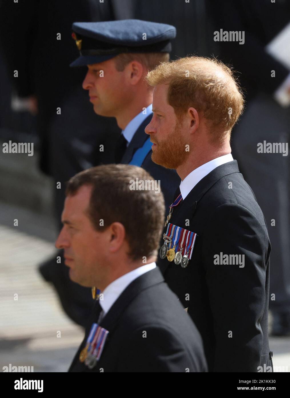 Britain's William, Prince of Wales and Britain's Prince Harry, Duke of Sussex attend the state funeral and burial of Britain's Queen Elizabeth, at Westminster Abbey, in London, Britain, September 19, 2022.  REUTERS/Kai Pfaffenbach Stock Photo