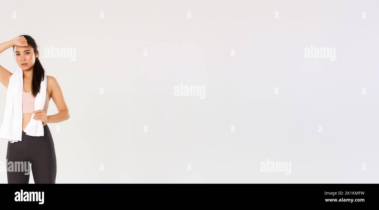 Sport, gym and healthy body concept. Full length of motivated, tired