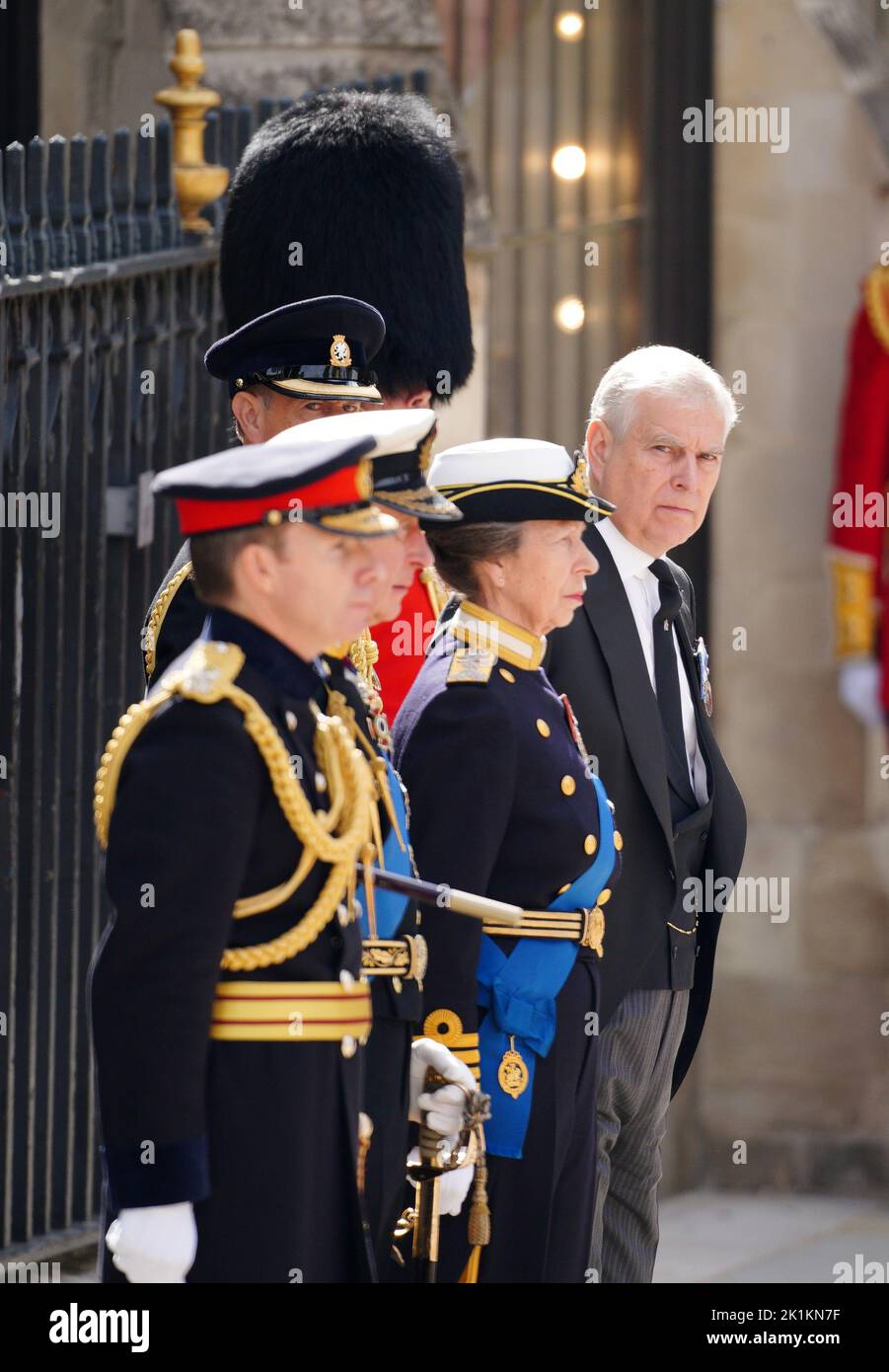 (left to right) King Charles III, the Earl of Wessex, the Princess Royal and the Duke of York leaving the State Funeral of Queen Elizabeth II, held at Westminster Abbey, London. Picture date: Monday September 19, 2022. Stock Photo