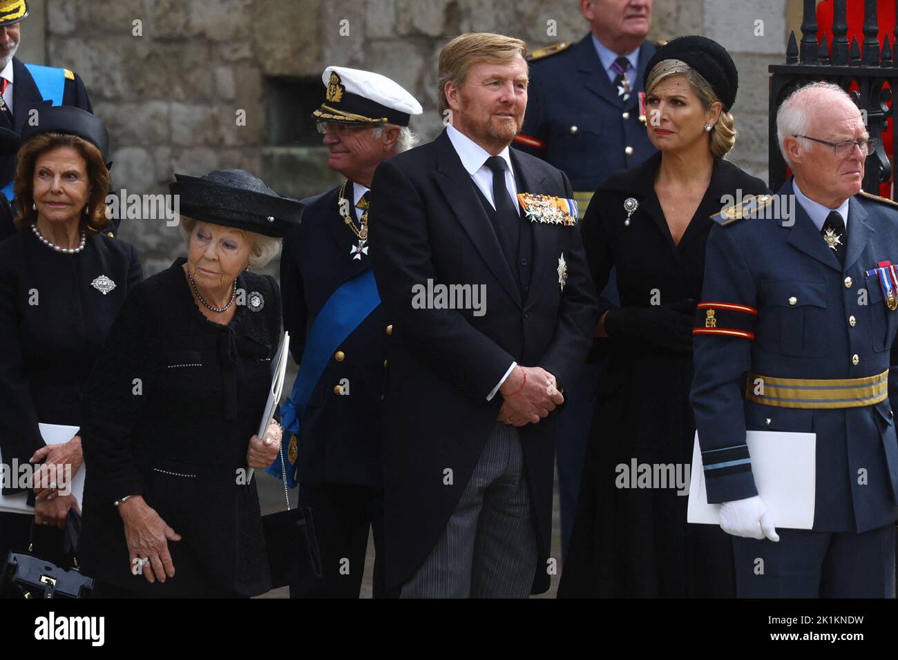 The Netherlands' King Willem-Alexander, Queen Maxima and Princess Beatrix attend the state funeral and burial of Britain's Queen Elizabeth at Westminster Abbey, in London, Britain, September 19, 2022.  REUTERS/Kai Pfaffenbach Stock Photo